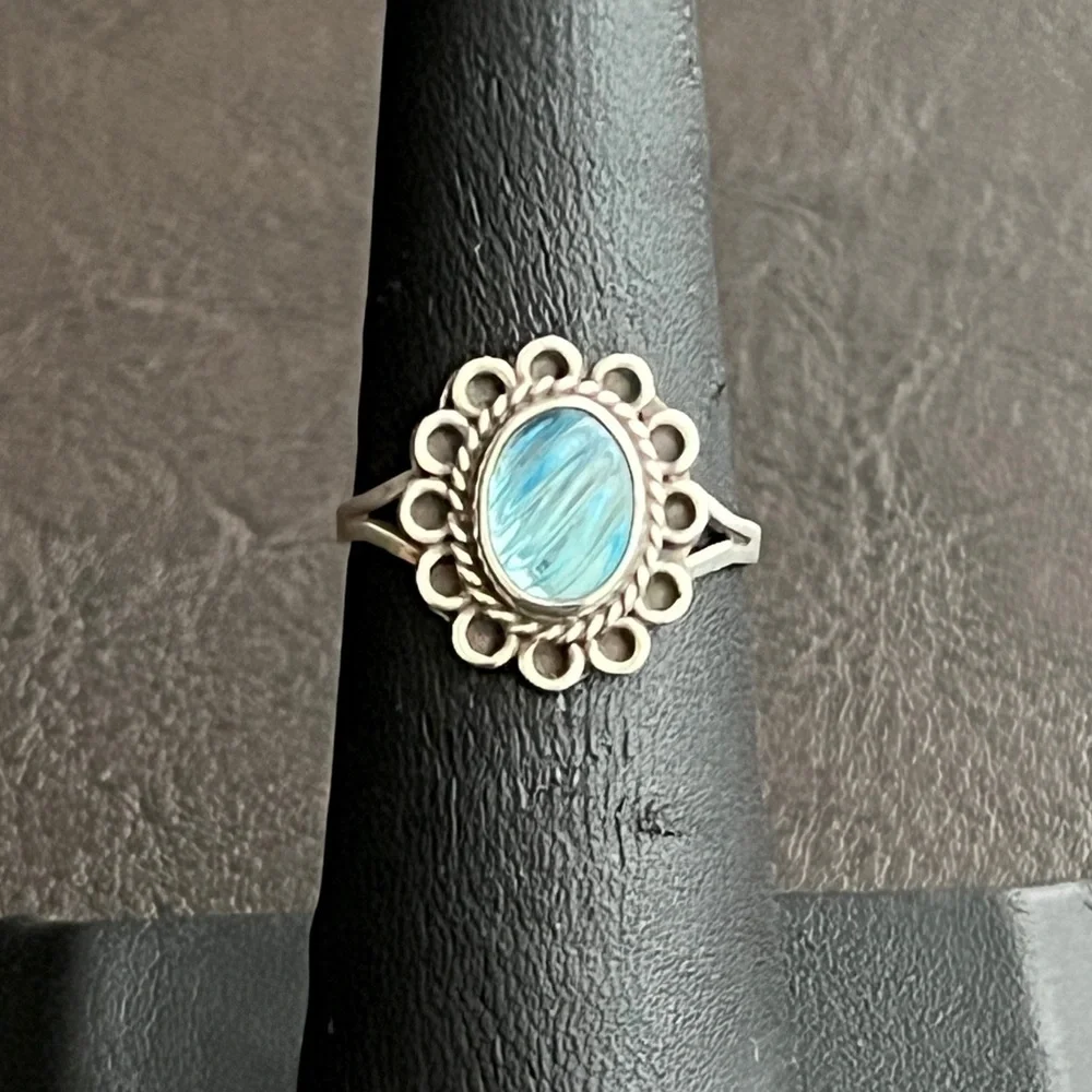 Vintage Taxco Mexico sterling silver carved glass ring Size 5.75